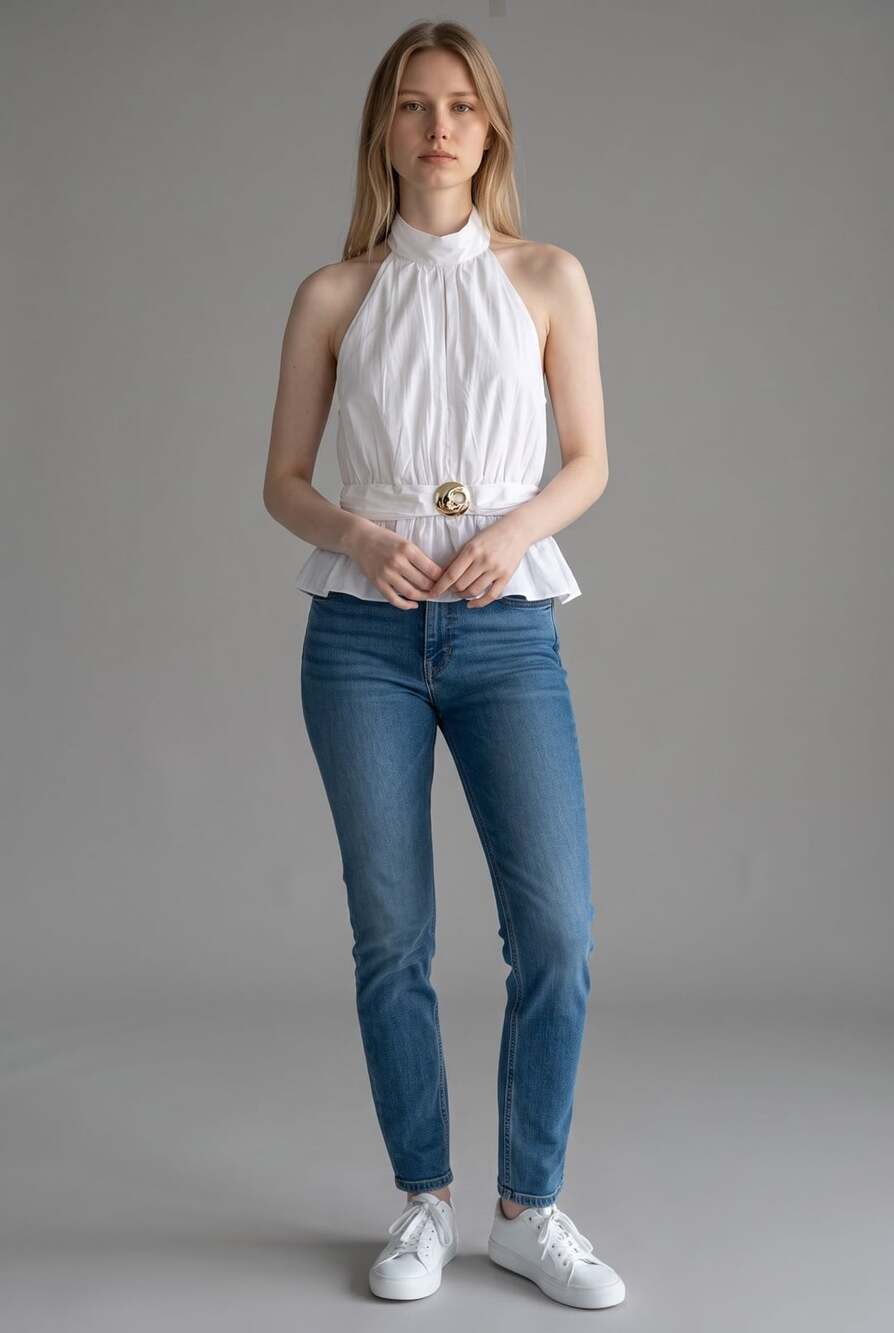 Zara Pleated Halter Top with Metal Detail Waist